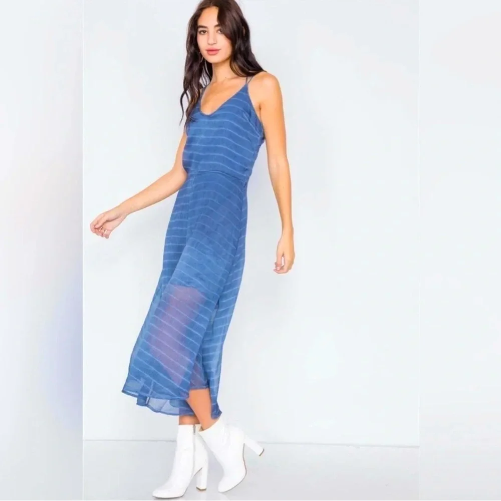 Hummingbird Indigo Blue Contrast Stripes Sheer Flare Leg Jumpsuit